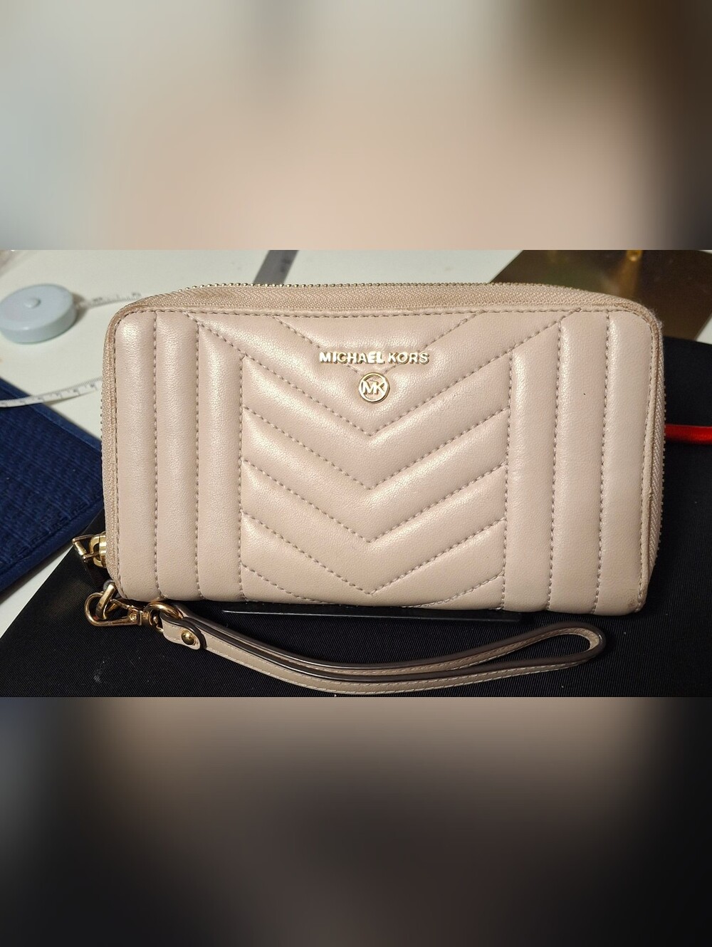 Michael Kors Blush Quilted Leather Wristlet with Gold Hardware